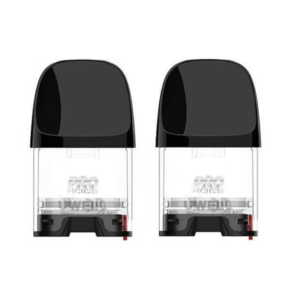 Uwell Caliburn G2 empty pod set, featuring two clear pods with black tops, designed for easy e-liquid refilling.