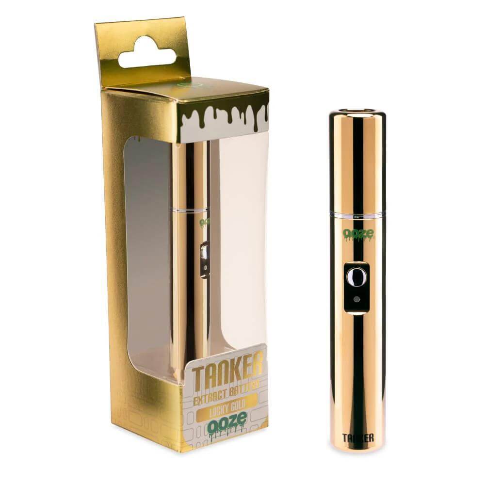 Ooze Tanker 510 battery with packaging, showcasing the sleek gold design for enhanced vaping performance.