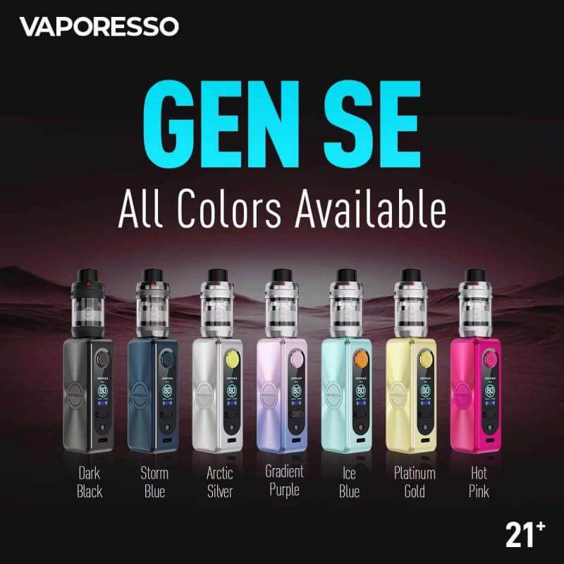 Vaporesso GEN SE Kit available in colors: Dark Black, Storm Blue, Arctic Silver, Gradient Purple, Ice Blue, Platinum Gold, Hot Pink.