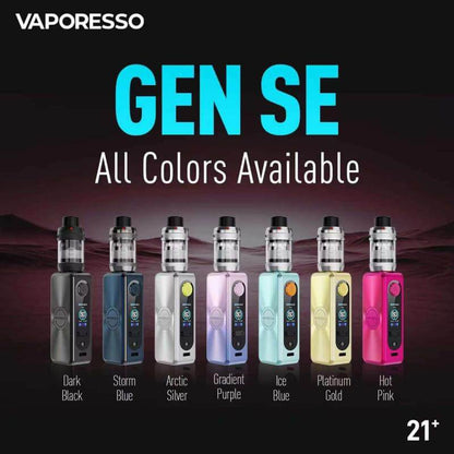 Vaporesso GEN SE Kit available in colors: Dark Black, Storm Blue, Arctic Silver, Gradient Purple, Ice Blue, Platinum Gold, Hot Pink.