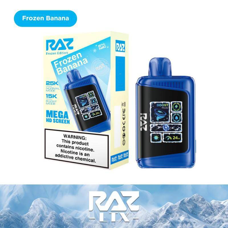 Raz 25 Disposable Nicotine Vape in Frozen Banana flavor with HD screen and 25k puff capacity.