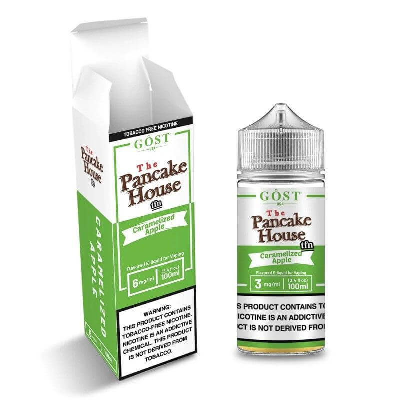 The Pancake House e-liquid 100ml with caramelized apple flavor and packaging, perfect for sub-ohm vaping.