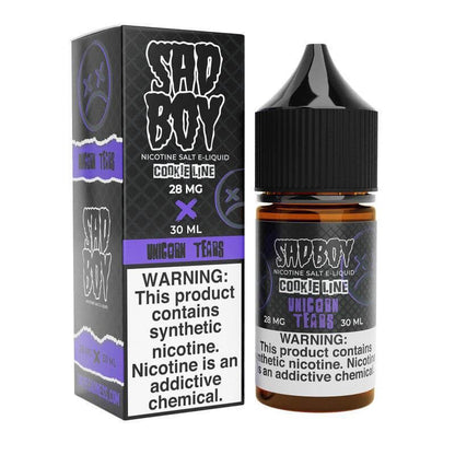 Sad Boy Salt Nic e-liquid bottle with packaging, 30ml Unicorn Tears flavor, 28mg nicotine, premium quality.