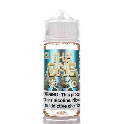 The One 100ml e-liquid bottle with a colorful label, featuring flavors like cereal and milk, and a nicotine warning.