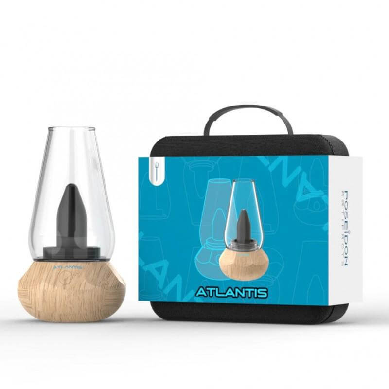 Poseidon Atlantis 510 Cup Vaporizer with packaging, featuring a glass design and wooden base, perfect for relaxed vaping.