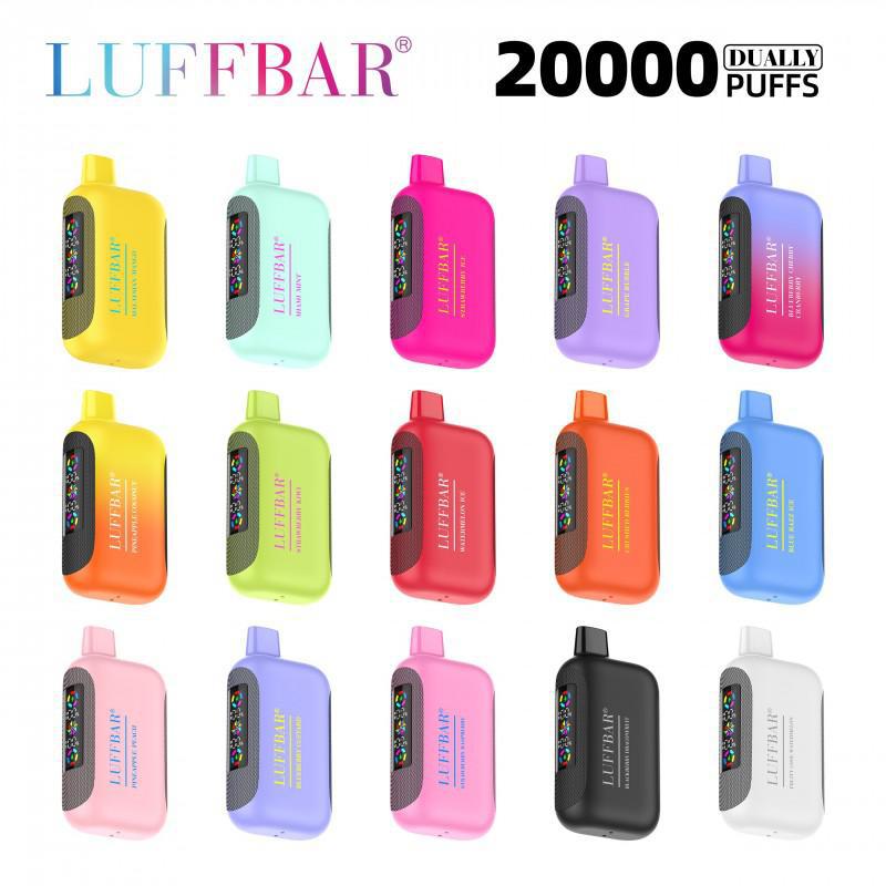 LUFFBAR Dually 20000 disposable vapes in various colors, showcasing dual coil and dual screen technology.