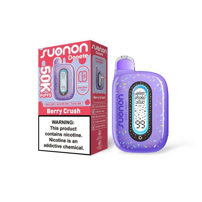 Suonon Donete 50k Disposable Vape in Berry Crush flavor with packaging and warning label, offering 50,000 puffs.
