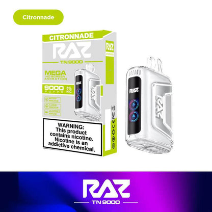 Raz TN9000 disposable nicotine vape with Citronnade flavor, featuring 9000 puffs and 50mg nicotine strength.