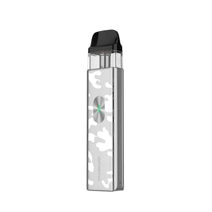 Vaporesso XROS 4 Mini pod system in a sleek camouflage design, showcasing its compact and stylish unibody.