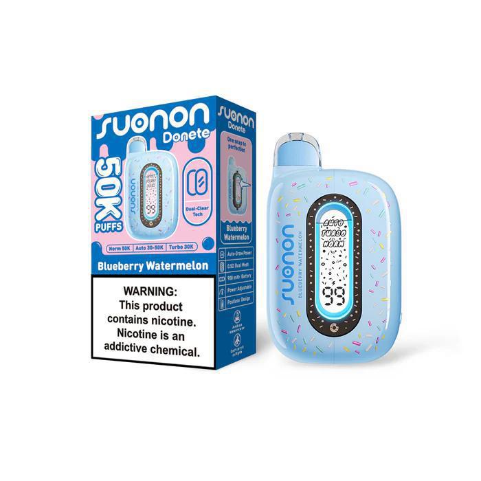 Suonon Donete 50k Disposable Vape in Blueberry Watermelon flavor packaging and device for 50,000 puffs.
