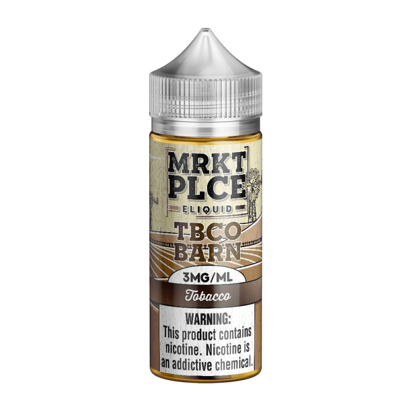 MRKT Place TBCO BARN 100ml e-liquid bottle, tobacco flavor, 3mg/ml nicotine, designed for vape enthusiasts.