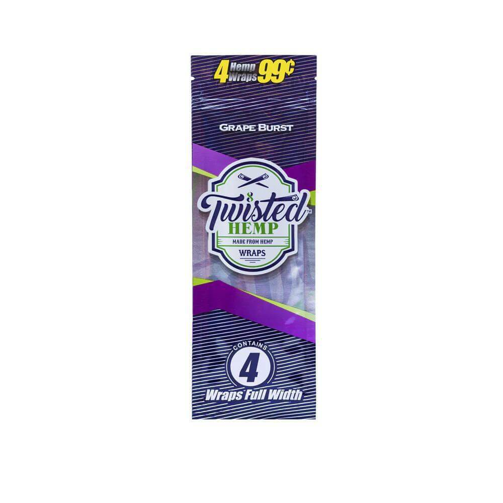 Twisted Hemp Hemp Wraps 4pc Grape Burst flavor, premium tobacco-free hemp wraps in vibrant packaging.