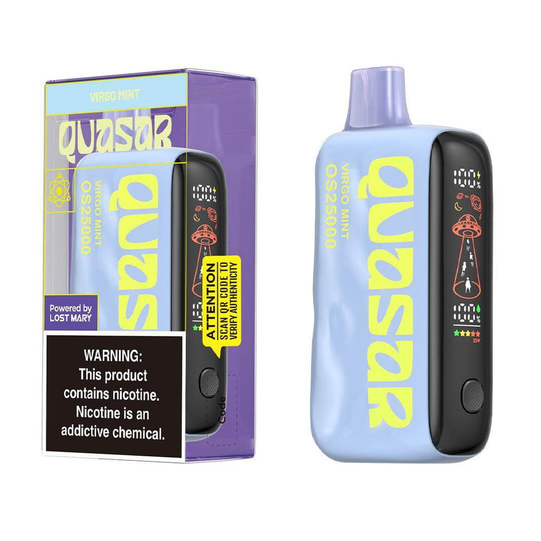 Quasar OS25000 vape product in blue color with mint flavor packaging, highlighting nicotine warning and details.