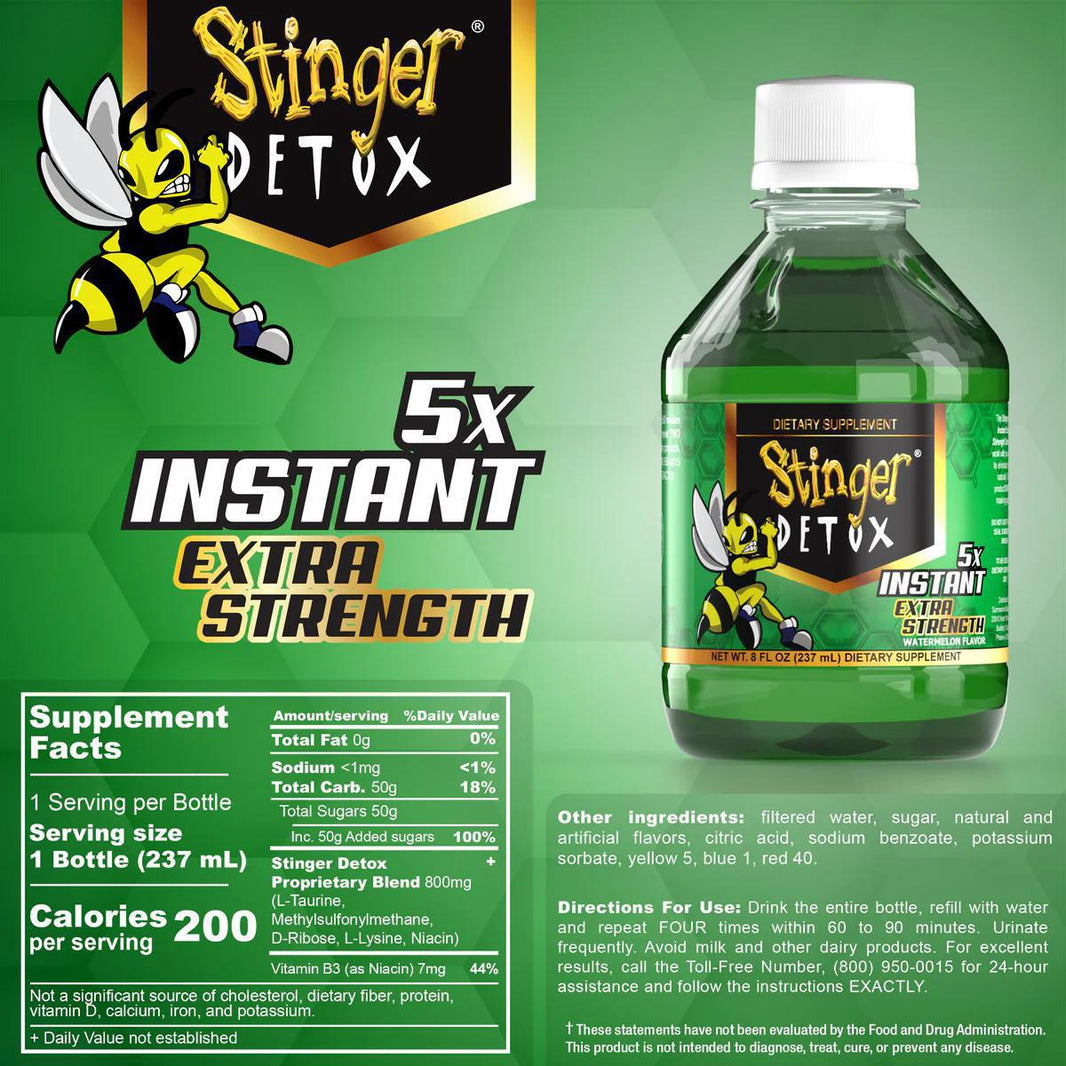 Stinger Detox Instant Extra Strength bottle with supplement facts, promoting natural toxin elimination and all-natural detox.