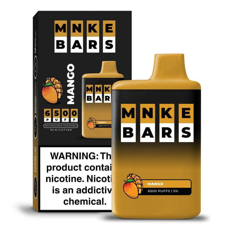 MNKE Bars 6500 Disposable Vape in Mango flavor with nicotine warning label.