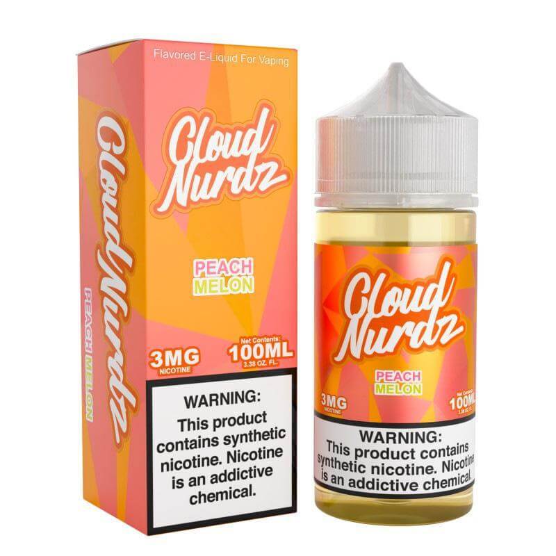 Cloud Nurdz 100ml Peach Melon e-liquid bottle with vibrant packaging for a fruity vaping experience.