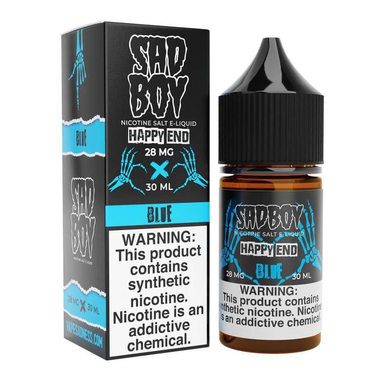 Sad Boy Salt Nic 30ml bottle showcasing Happy End flavor with vibrant blue label and warning for synthetic nicotine.