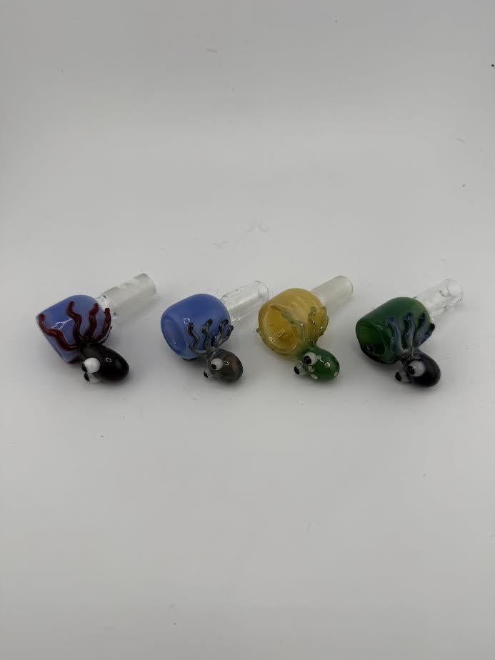 Set of four 14mm octopus bowl pieces in blue, green, yellow, and black, handcrafted from borosilicate glass.