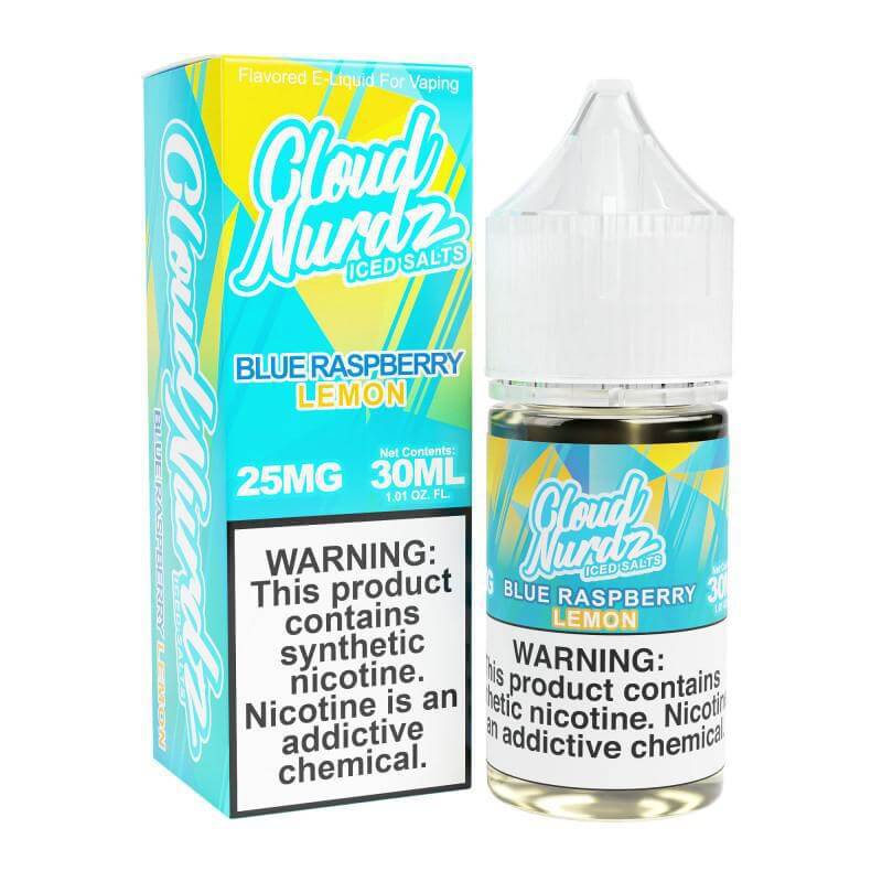 Cloud Nurdz Iced 30ml e-liquid in Blue Raspberry Lemon flavor, featuring 25MG synthetic nicotine.