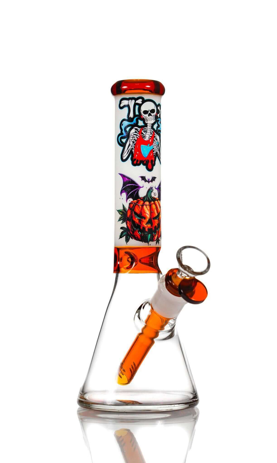 Toxic Glass TX101 Halloween themed beaker with skeleton design and orange accents, perfect for spooky smoking sessions.