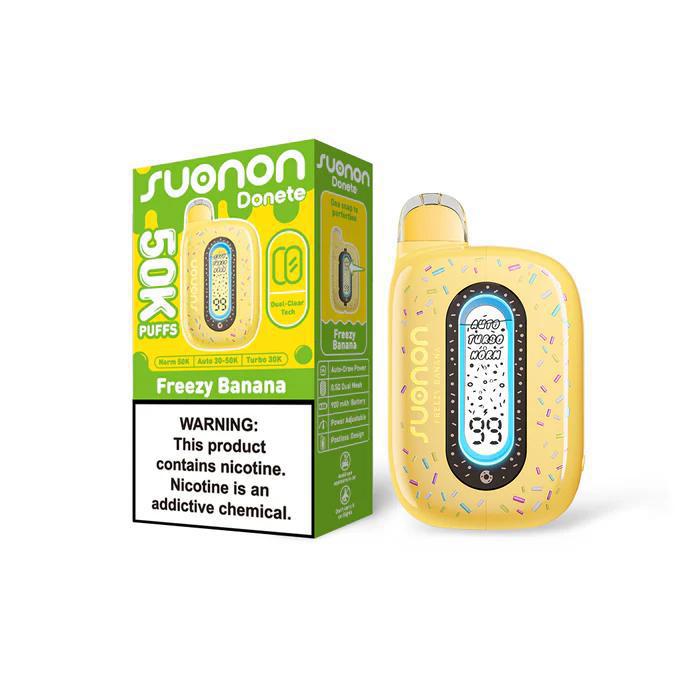 Suonon Donete 50k Disposable Vape in Freezy Banana flavor with packaging, offering 50,000 puffs of premium taste.