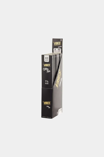 Vibes 1 1/4 size cones pack containing 40 ultra thin pre-rolled cones for smooth smoking sessions.