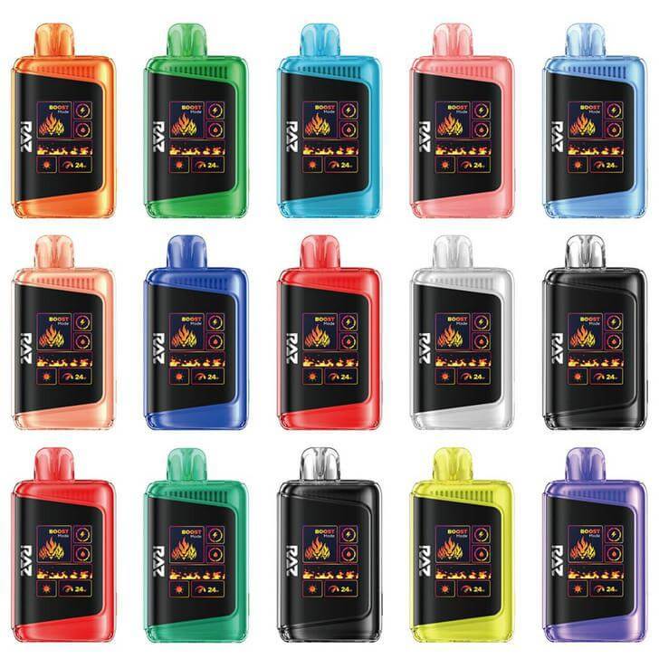 Collection of Raz 25 Disposable Nicotine Vapes in various colors showcasing power, performance, and style.