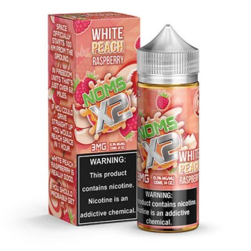 NOMS X2 120ml White Peach Raspberry e-liquid with bold flavors and smooth vaping experience.