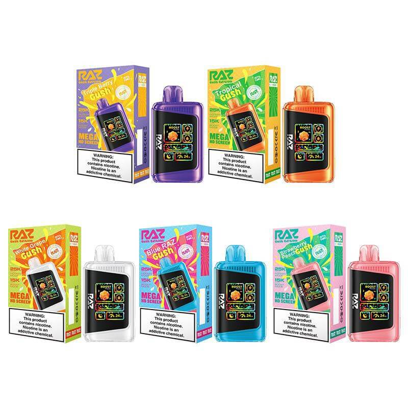 Raz Gush Edition 25K Puff Disposable Vape variety pack with vibrant packaging and flavors.
