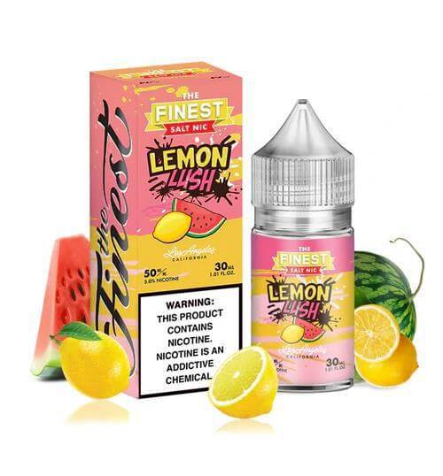 Finest Salt Nicotine Lemon Lush 30ml vape juice, featuring lemon and watermelon flavors, in an eye-catching box.