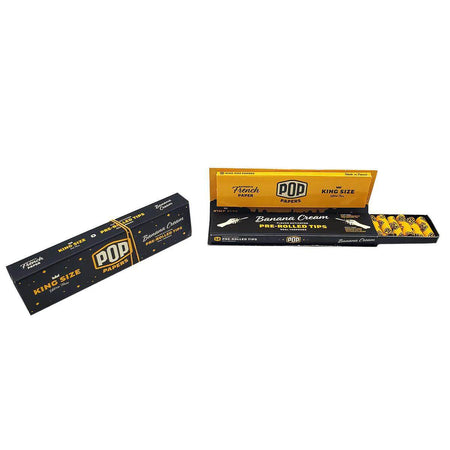 Pop Papers King Size rolling papers and Banana Cream pre-rolled tips packaging for flavorful smoking experience.