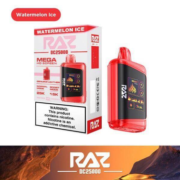 Raz 25 Disposable Vape in Watermelon Ice flavor, featuring HD screen and sleek design, delivering premium performance.