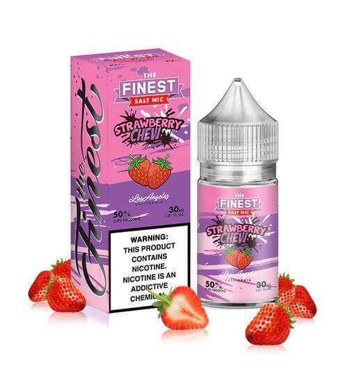 Finest Salt Nic 30ml Strawberry Chewy vape juice with berries and warning label.