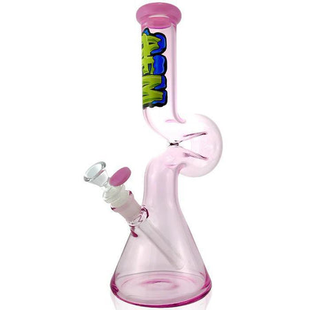 AFM Glass 12" Hunchback Full Color Glass Beaker 14mm in vibrant pink with unique shape and design.