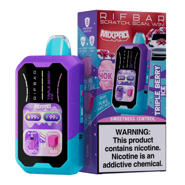 RIFBAR MIXPRO Disposable Vape with Triple Berry Ice flavor and 40,000 puffs, featuring sleek design and sweetness control.