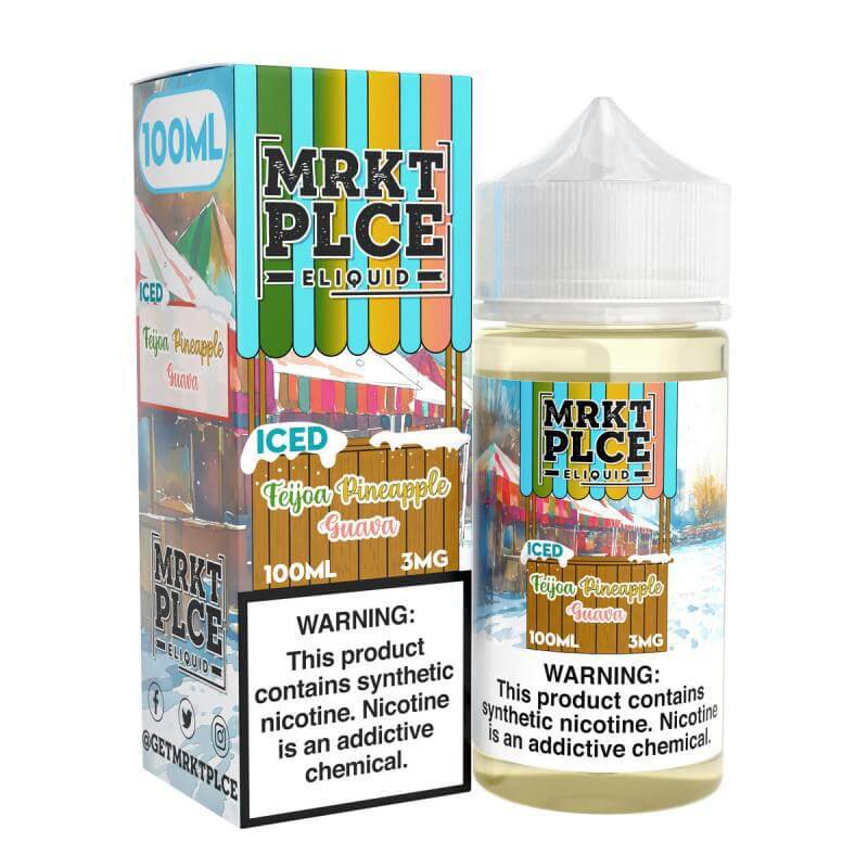 MRKT Place ICED 100ml eJuice bottle and box featuring Tejona Pineapple Guava flavor, highlighting refreshing menthol and nicotine warning.