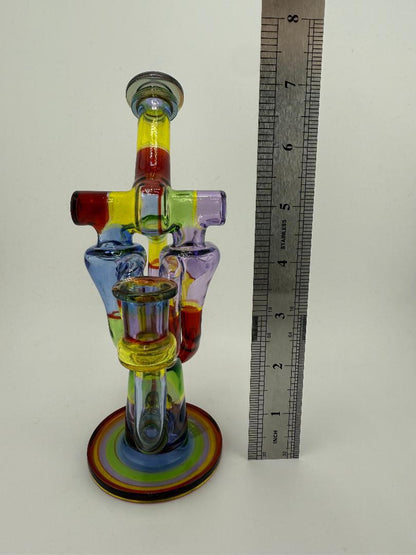 Domer Glass Double Recycler Quad Uptake Rainbow Patchwork 10mm Recycler