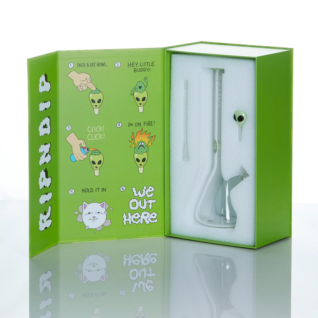 RipNDip We Out Here Beaker in packaging with alien-themed design and accessories for smoking.
