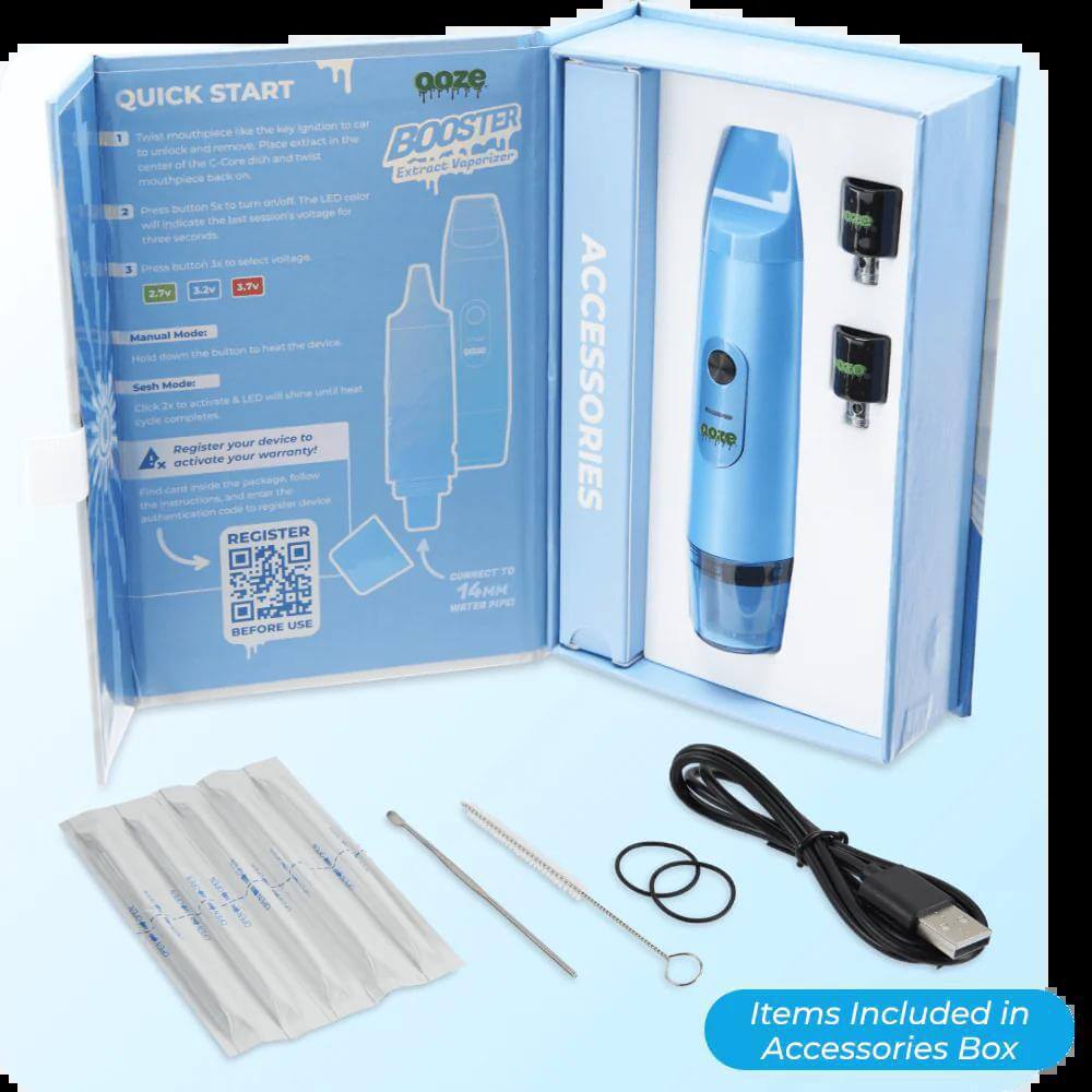 Ooze Booster Extract Vaporizer in arctic blue with accessory box contents, including USB and cleaning tools.