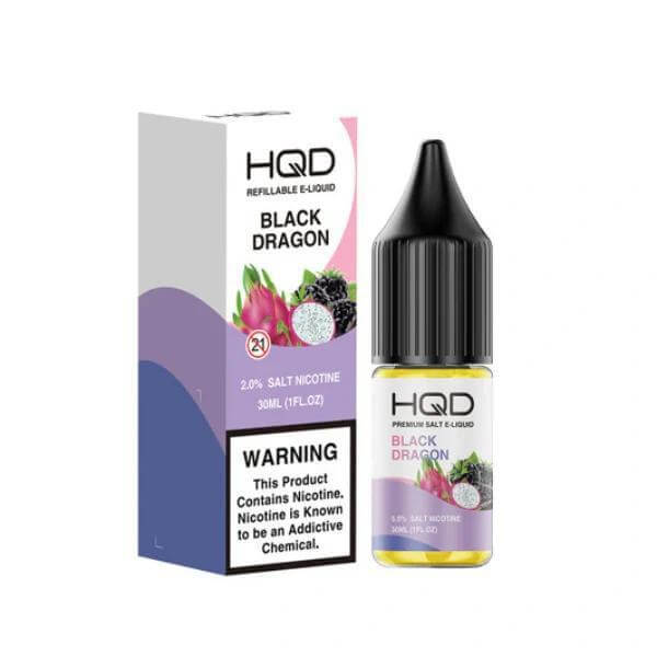 HQD Premium Salt E-Liquid Black Dragon in 30ml bottle with warning label for nicotine content.