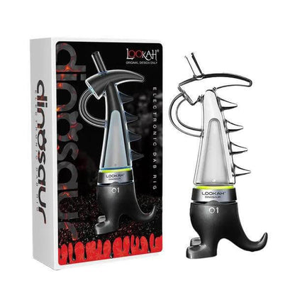 Lookah Dinosaur E-Rig beside its packaging, showcasing innovative design for modern dabbing.