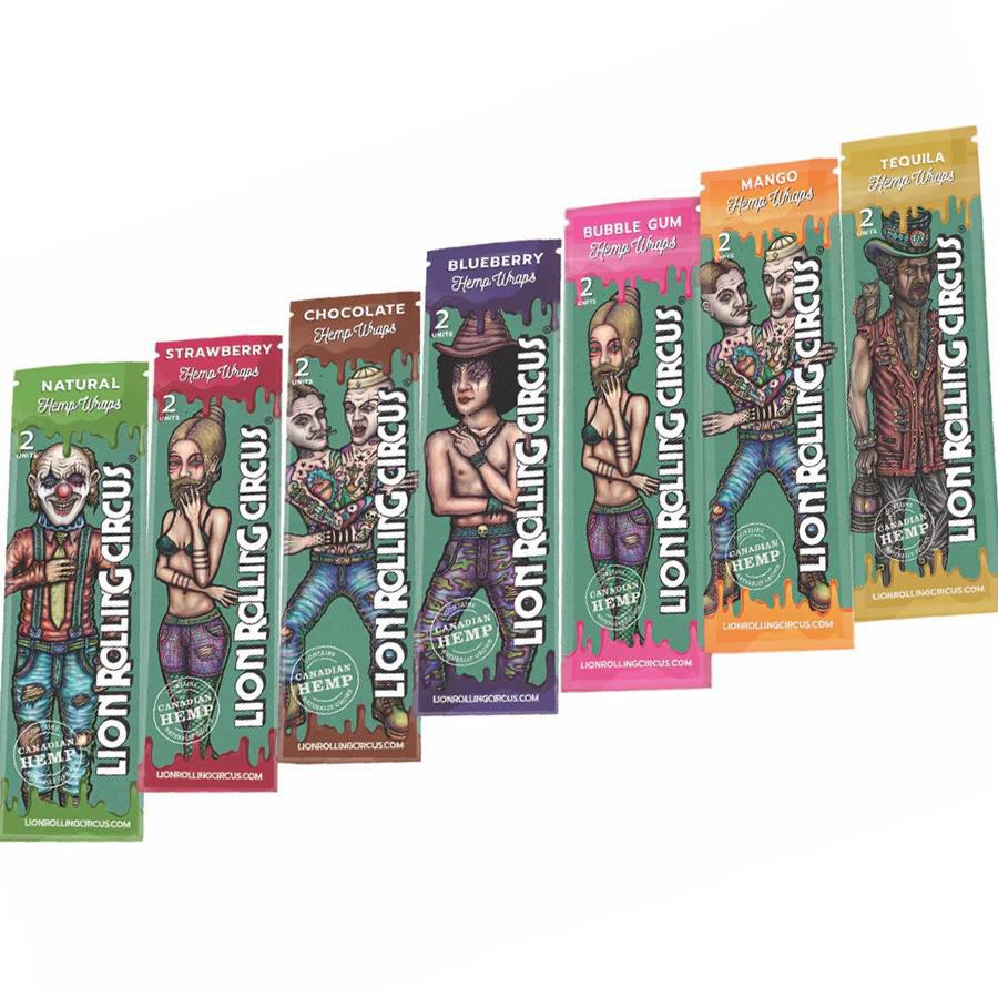 Lion Rolling Circus Hemp Wraps in various flavors including Natural, Strawberry, Chocolate, and more.