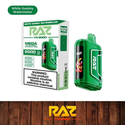 Raz TN9000 Disposable Vape in White Gummy Watermelon flavor with 12mL e-liquid and 5% nicotine strength.