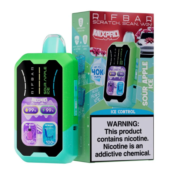 RIFBAR MIXPRO Disposable Vape in Sour Apple Ice flavor, showcasing sleek design and promise of 40,000 puffs.