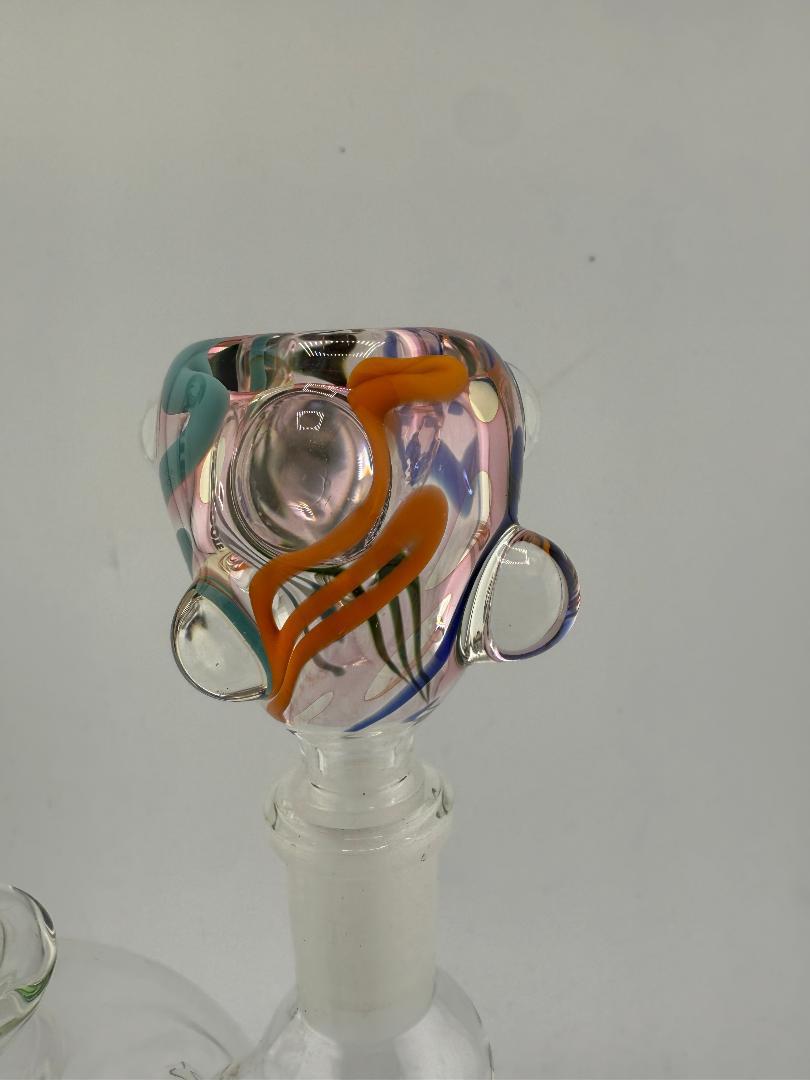 Crondo Glass Scribble Tech Rainbow 14mm Bowl, hand-blown vibrantly designed borosilicate glass, unique art piece in assorted colors.