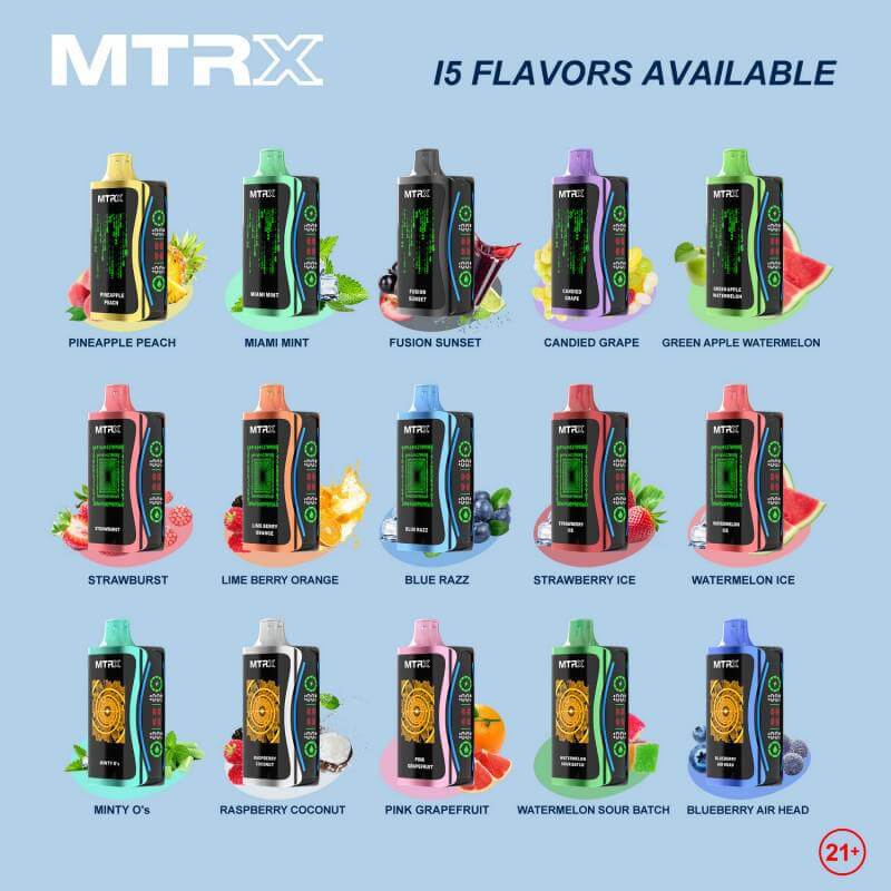 MTRX MX 25k Disposable Vape showcasing 15 available flavors on a colorful display.
