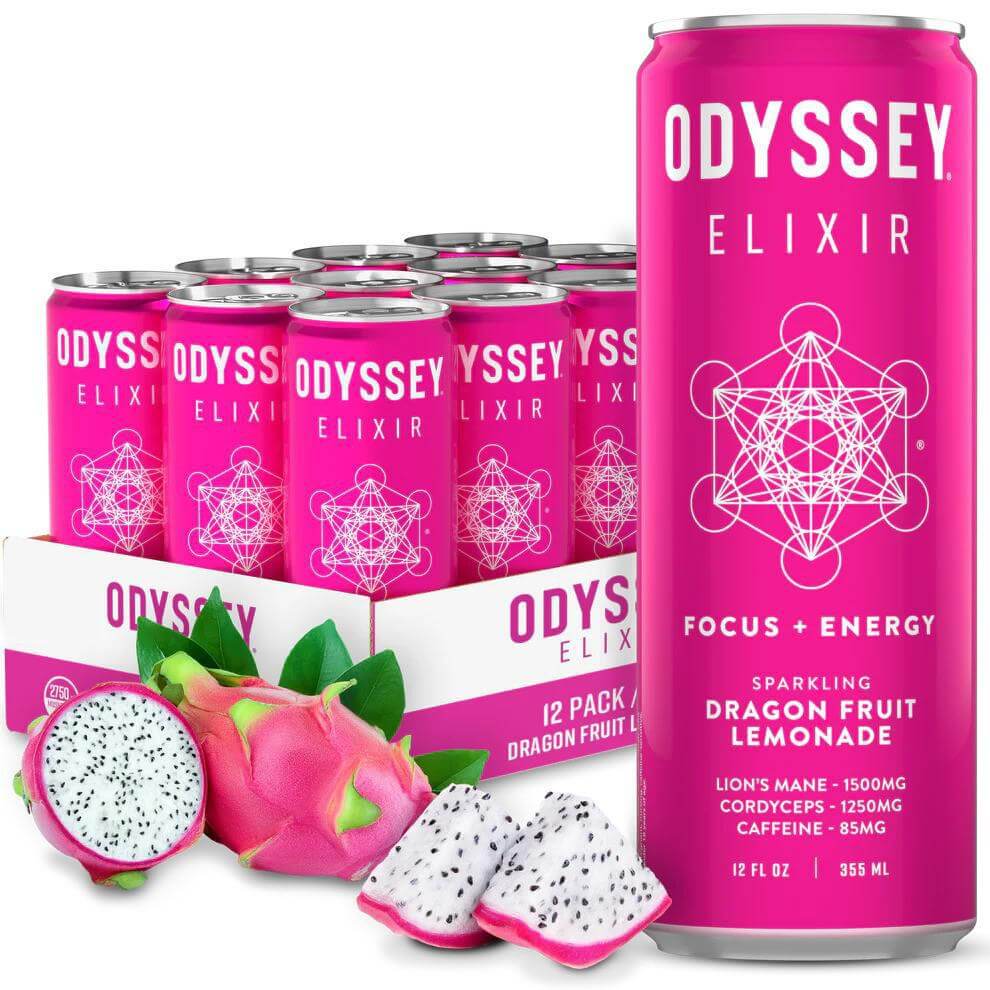 Odyssey Elixir Sparkling Energy Drink featuring Dragon Fruit Lemonade, 12-pack cans, with Lion's Mane and Cordyceps.