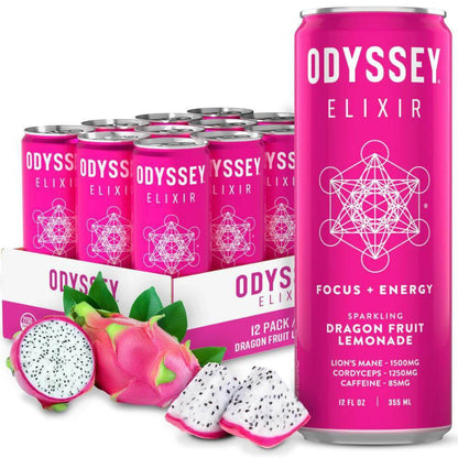 Odyssey Elixir Sparkling Energy Drink featuring Dragon Fruit Lemonade, 12-pack cans, with Lion's Mane and Cordyceps.