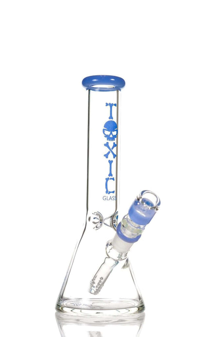 Toxic Glass Classic Beaker 10" TX75 features a sleek design, blue accents, and durable borosilicate glass for enhanced smoking experience.