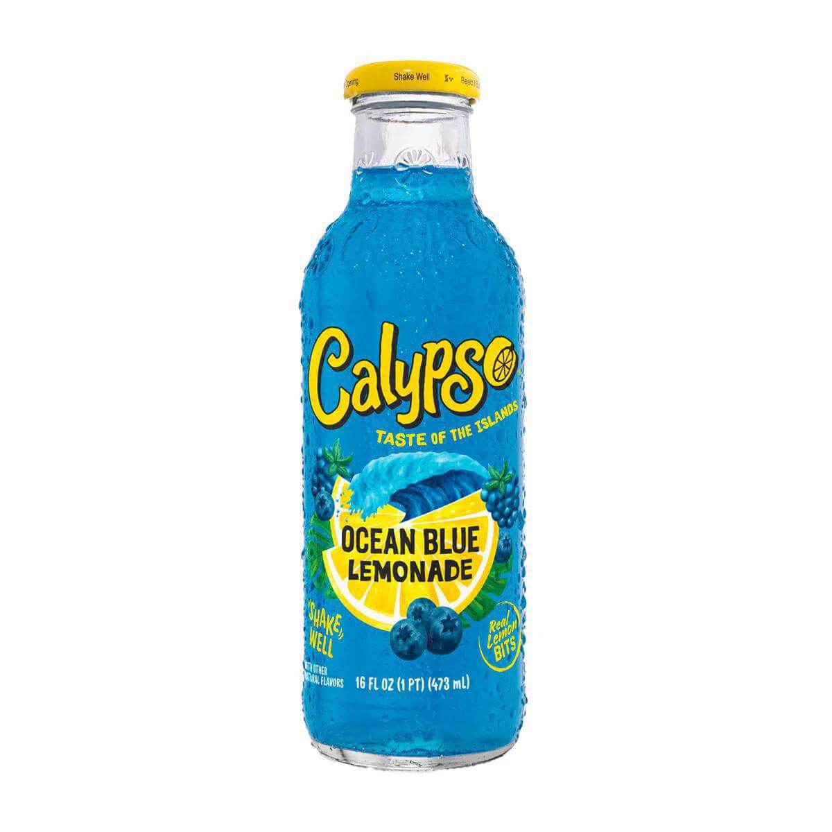 Calypso Ocean Blue Lemonade 16oz bottle with vibrant blue color and tropical fruit design, refreshing drink.